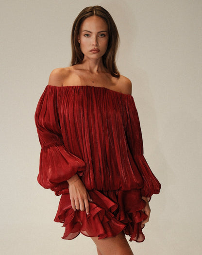 Elora Ruffle Mini Dress - Burgundy