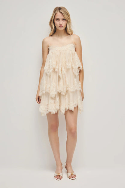 Champagne Lace Tiered Mini Dress