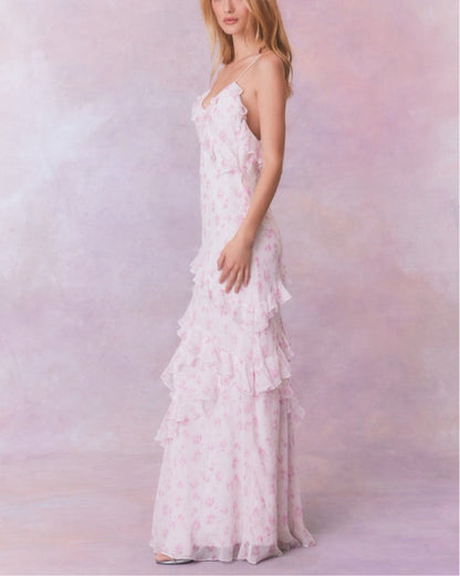 Whispering Petal Low-Back Ruffle Maxi Dress - Hidden Garden Edition
