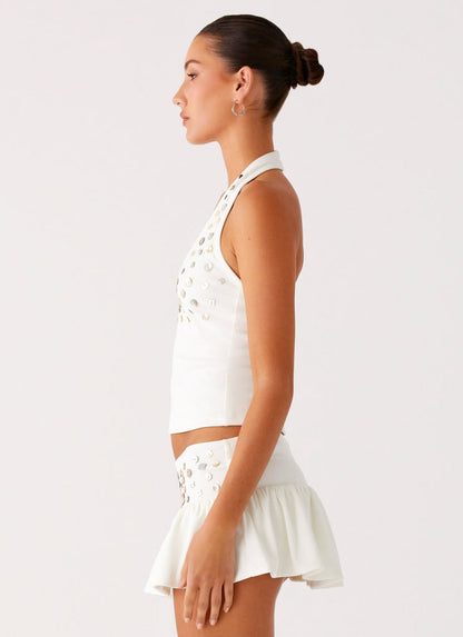 DH Early Spring Collection | "Aria" Pearl-Button Embellished Halter Top & Ruffled Mini Skirt Set