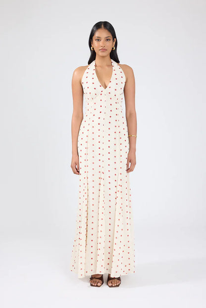 Ivana Halter Chiffon Maxi Dress Cream/Red Polka Dot