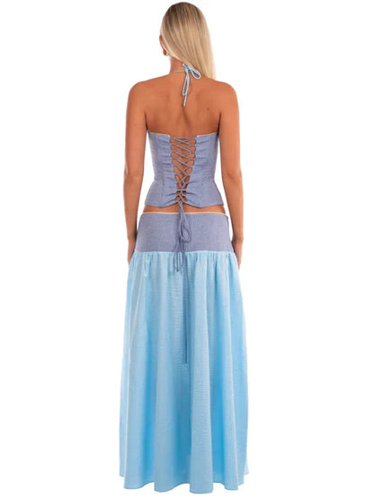 Blue Halter Lace-Up Corset Top