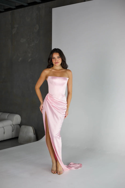 Pink Satin Slit Train Maxi Gown