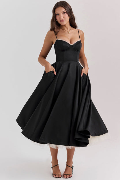 Black Satin Corset Midi Dress