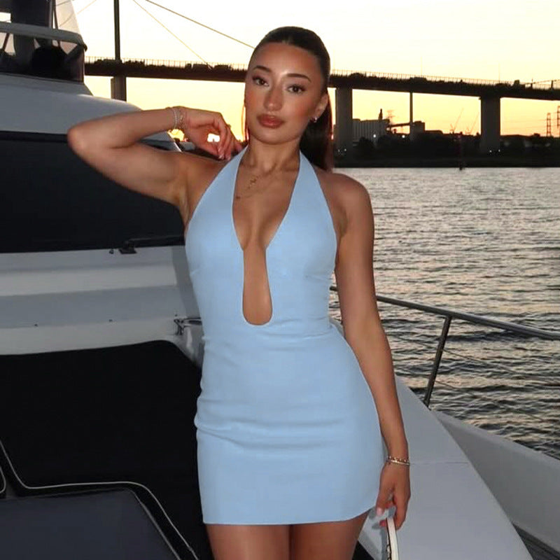 Azure Veil Halter Cutout Bodycon Dress - Hidden Lagoon