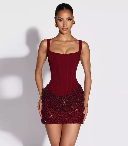 Morrigan Burgundy Beaded Corset Mini Dress - Midnight Siren