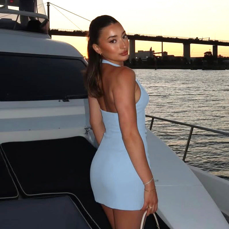 Azure Veil Halter Cutout Bodycon Dress - Hidden Lagoon