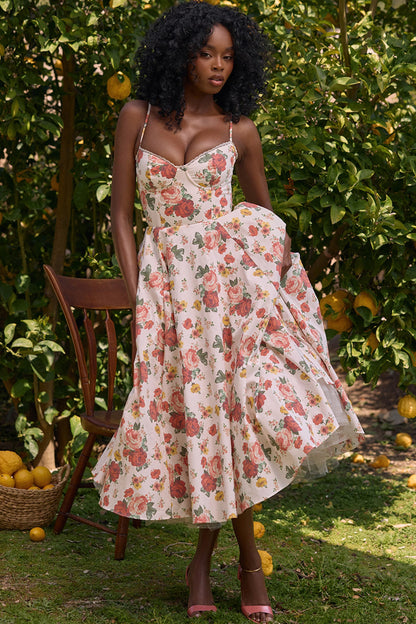 Floral Satin Corset Midi Dress
