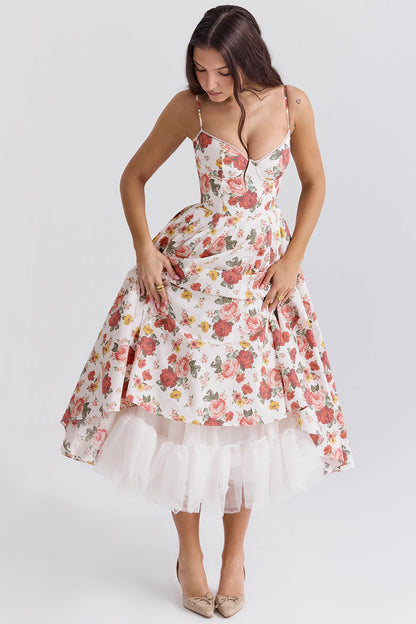 Floral Satin Corset Midi Dress