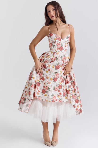 Floral Satin Corset Midi Dress
