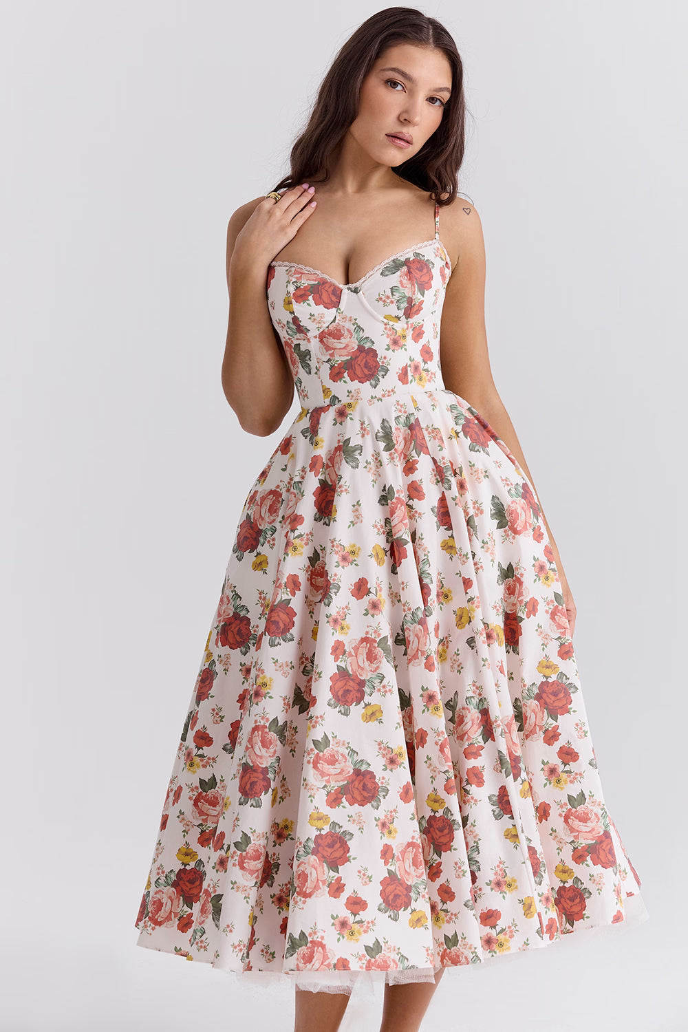 Floral Satin Corset Midi Dress