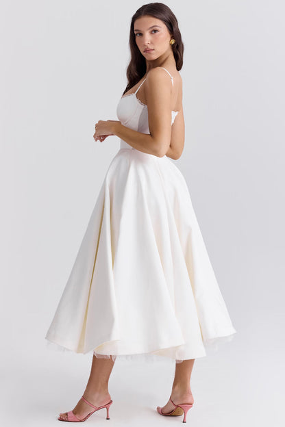 White Satin Corset Midi Dress