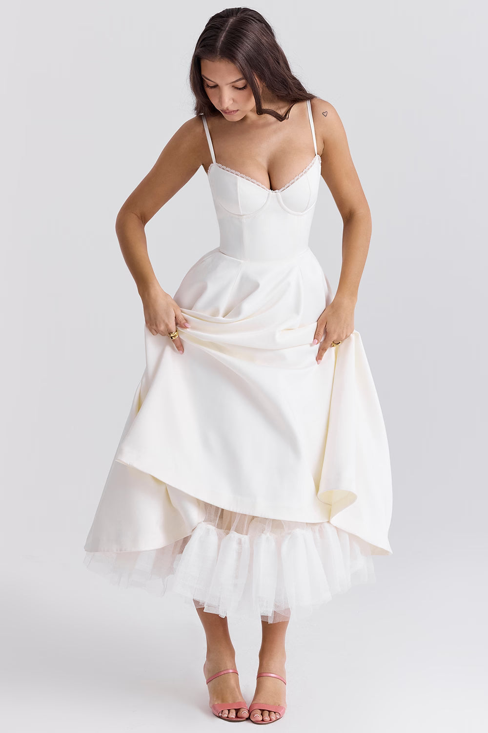 White Satin Corset Midi Dress