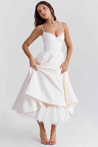 White Satin Corset Midi Dress