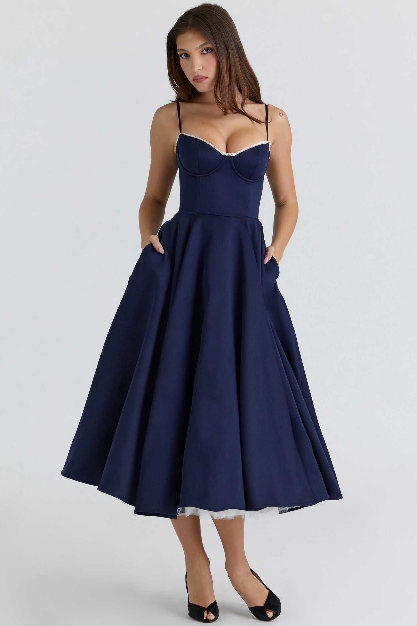 Navy Satin Corset Midi Dress