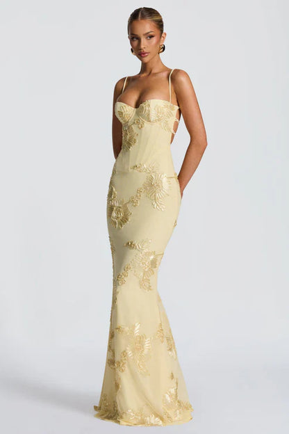 Cream Floral Corset Fishtail Gown