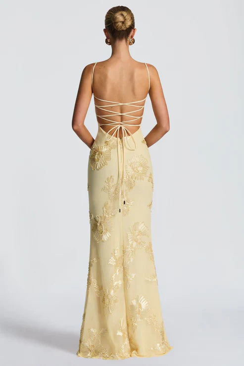 Cream Floral Corset Fishtail Gown