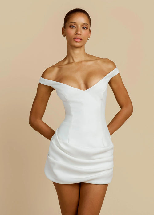 White Heart Neck Ruched Mini Dress