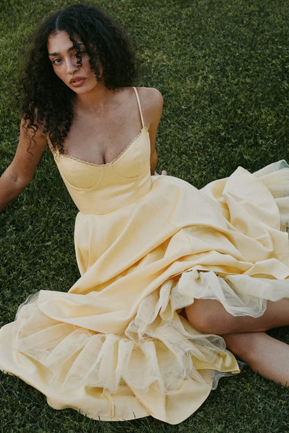 Yellow Satin Corset Midi Dress
